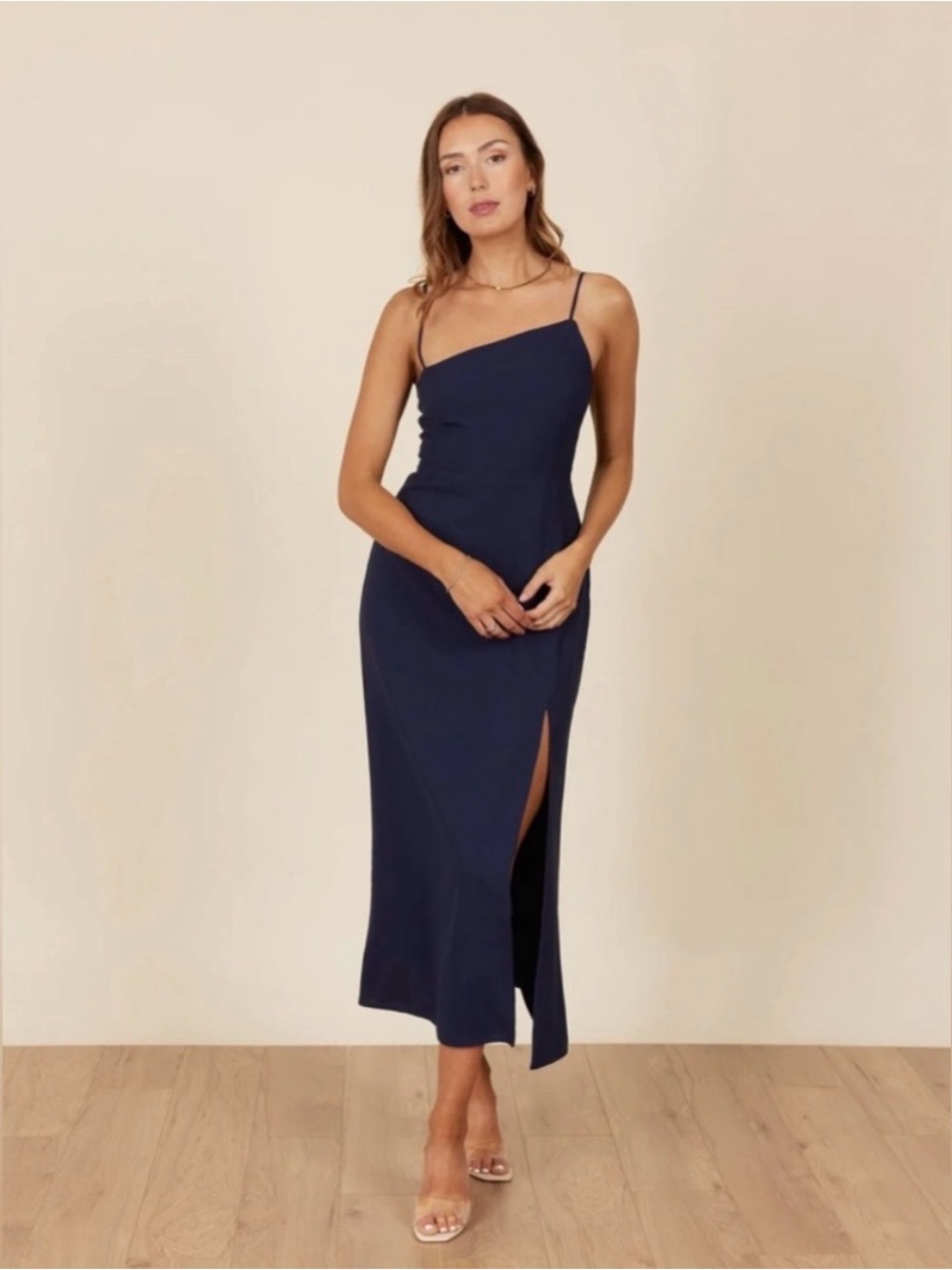 Park & Fifth Asymmetrical Strap Midi Dress with Side Slit. Lincoln Dress